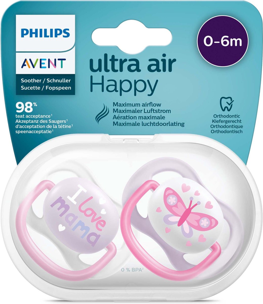 Ultra Air Happy Sucettes orthodontiques roses ou bleues 0-6 mois Philips  Avent - sucettes bébé